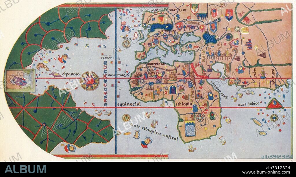 'The First map to Show America', 1500 (1912). After the map of Juan de la Cosa (c1450-1510), 1500. The map or chart is a mappa mundi painted on parchment and is currently housed at the Museo Naval of Madrid, Spain. The map is the earliest undisputed representation of the Americas. Taken from 'A Book of Discovery', published by T. C. & E. C. Jack Ltd. 1912.