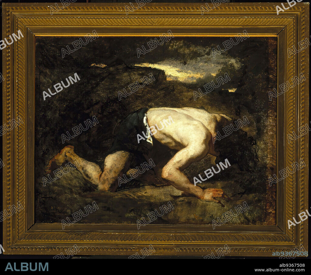 The Fugitive, Study for Timon of Athens, Thomas Couture, French, 1815-1879, Oil on canvas, France, ca. 1857, 25 7/8 x 33 3/8 in., 65.7 x 84.8 cm, 1857, Athens, Couture, crawling, criminal, Dramatic, escapee, exile, fallen from grace, figure, French, French art, French oil, French Painting, Fugitive, kneel, kneeling, literary, male, man, misanthrope, oil on canvas, oil painting, shakespeare, study, Timon, Timon of Athens, tragedy, x-ray, xray.