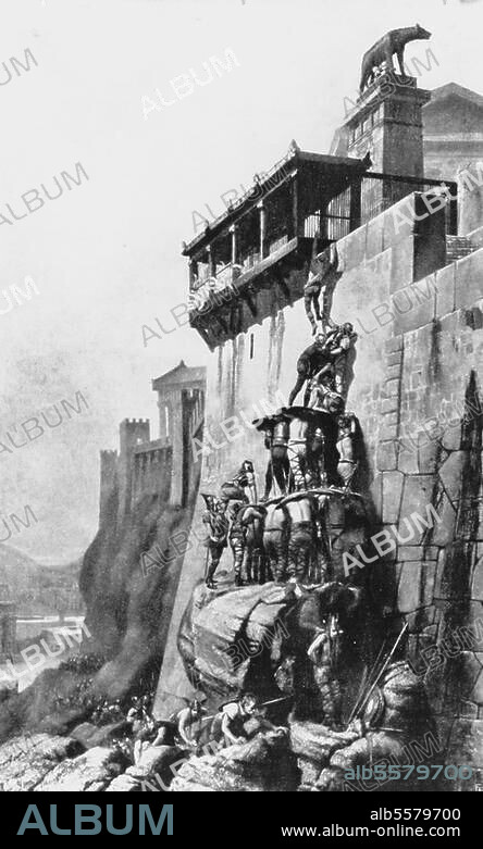 Eroberung und Plünderung Roms durch die Gallier, 387 v. Chr. "Die Rettung des Kapitols durch die heiligen Gänse". Gemälde von Henri Motte (1846-1922).