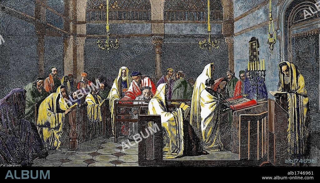 Jewish religion. Synagogue. reading the Torah. Colored engraving.