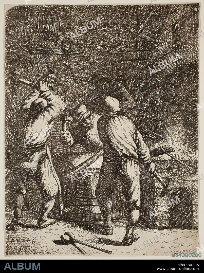 Jan Joris van Vliet, Dutch, 1600-1730, Blacksmith at Work, 1635, etching printed in black ink on laid (?) paper, Plate: 8 1/8 × 6 1/4 inches (20.6 × 15.9 cm).