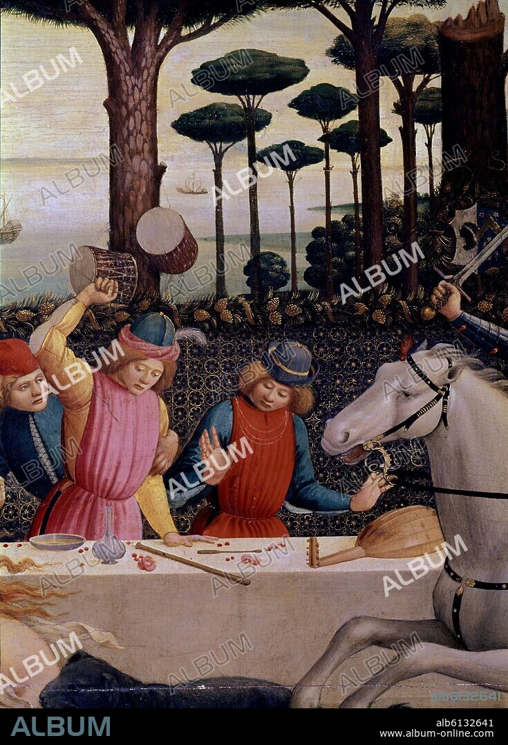 SANDRO BOTTICELLI. 'The Story of Nastagio degli Onesti (III) (detail)', ca. 1483, Italian School, Mixed media on panel, P02840.