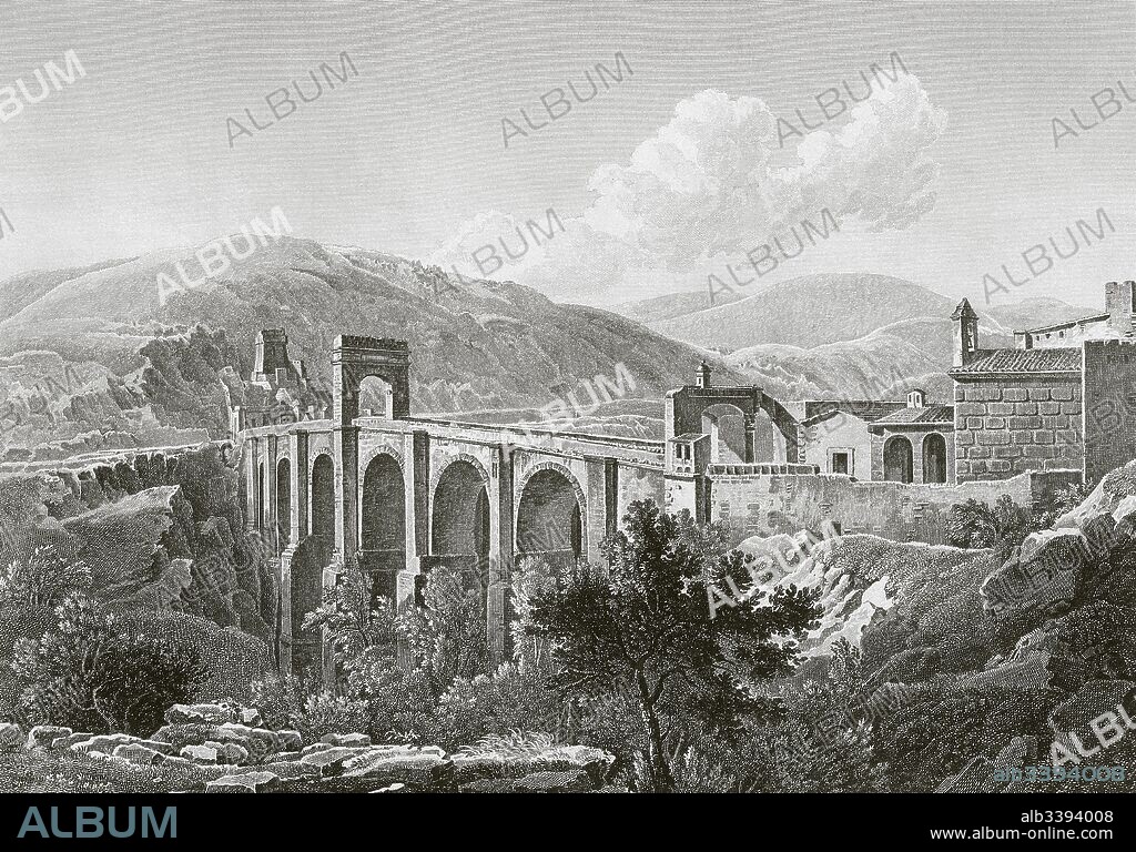 Spain. Extremadura. The Alcantara Bridge, also known as Trajan's Bridge at Alcantara. Roman stone arch bridge built over the Tagus River between 104-106 A.C. by an order of the Roman emperor Trajan. Engraving. "Espagne", 1844.