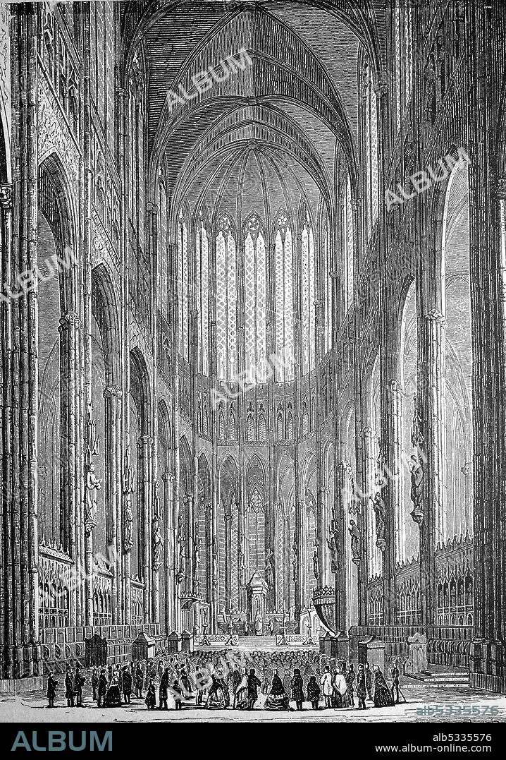 Interior of the Cologne Cathedral, Cologne on the Rhine, in 1870, Germany  /  Innenraum des Kölner Dom, Köln am Rhein, im Jahre 1870, Deutschland, Historisch, historical, digital improved reproduction of an original from the 19th century / digitale Reproduktion einer Originalvorlage aus dem 19. Jahrhundert,.