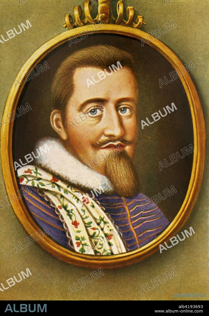 'Christian IV', (1933). Portrait of Christian IV of Denmark (1577-1648), king of Denmark-Norway, Duke of Holstein and Schleswig. His 59-year reign is the longest of Danish monarchs, and of Scandinavian monarchies. After a miniature by Eric Utterhielm. From "Gestalten Der Weltgeschichte", a book of cigarette-card portrait miniatures of figures in world history from the last four hundred years. [Germany, 1933].