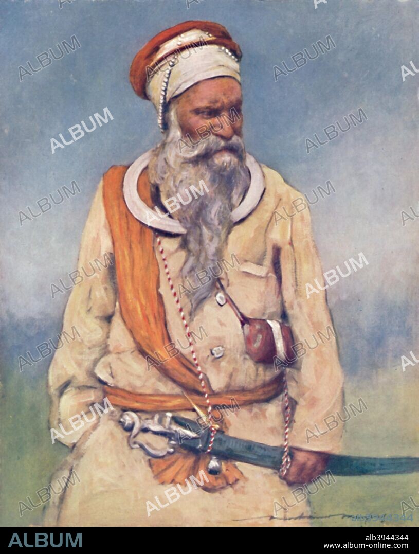 'A Sikh Warrior', 1903.  Also known as the Imperial Durbar, the Delhi Durbar was held three times, in 1877, 1903, and 1911, at the height of the British Empire to mark the succession of an Emperor or Empress of India. From The Durbar, by Mortimer Menpes. Text by Dorothy Menpes. [Adam and Charles Black, London, 1903].