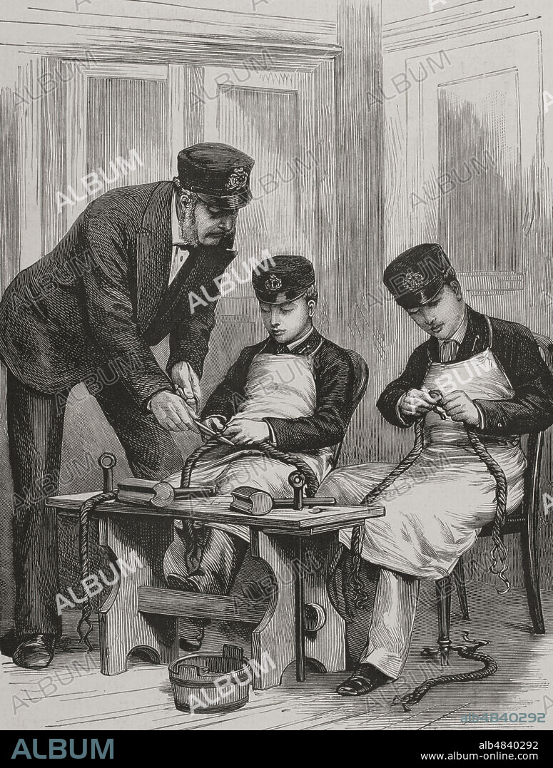 Prince Albert Victor (1864-1892) and Prince George (later King George V) (1865-1936), sons of the princes of Wales, working in mechanical occupations of seamanship, on board the frigate HMS Britannia, being educated as naval cadets on board of that Royal Navy's training ship. The engraving represents the two royal midshipmen practicing the exercise of tying the ends of a broken cable without tying a knot. La Ilustración Española y Americana, 1878.