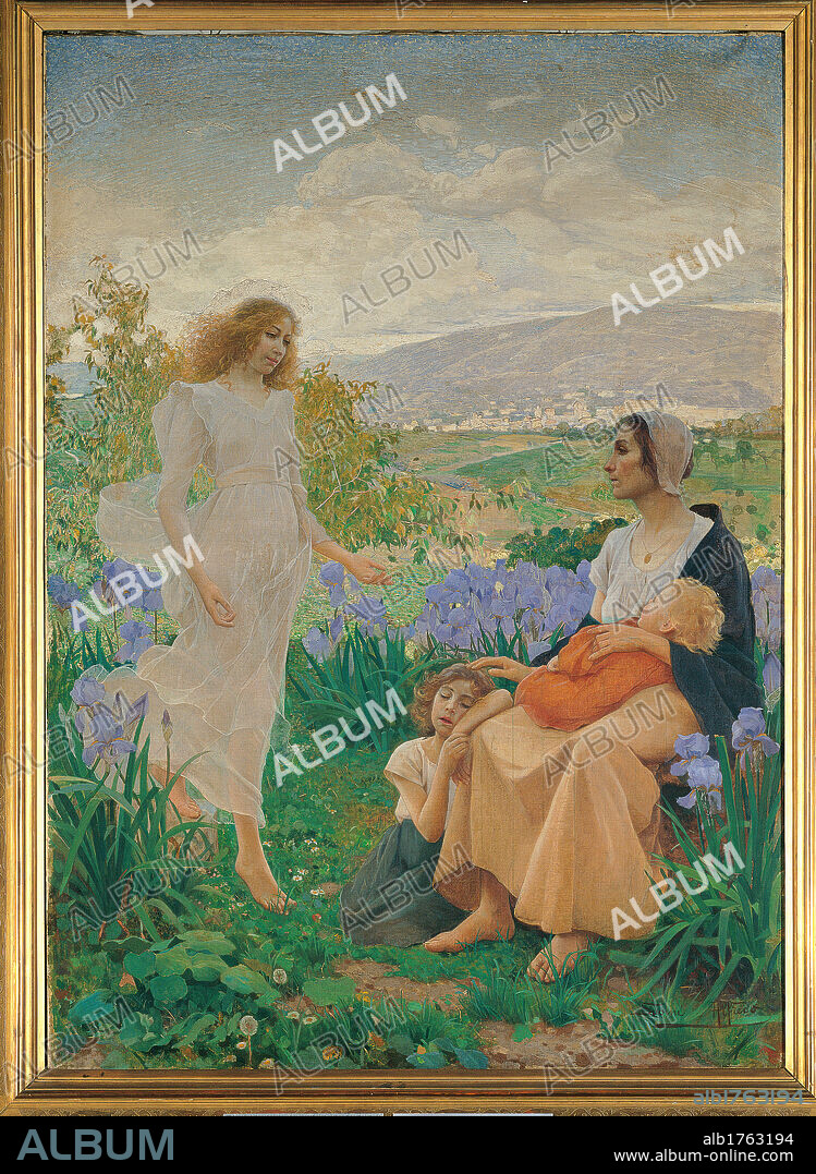 Auxilium ex alto, by Alfredo Savini, 1896, 19th Century,. Italy, Emilia Romagna, Bologna, Municipal Art Collection. Saving figure mother children landscape flowers plants colours mounts sky poverty indigence white cloth angel.
