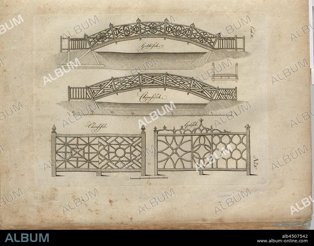 Chinese and Gothic bridge railings, Copper engraving, no. V, 1796, Johann Gottfried Grohmann (Hg.): Ideenmagazin für Liebhaber von Gärten, Englischen Anlagen und für Besitzer von Landgütern: um Gärten und ländliche Gegenden, sowohl mit geringem als auch grossem Geldaufwand, nach den originellsten Englischen, Gothischen, Sinesischen Geschmacksmanieren zu verschönern und zu veredeln [...]. Leipzig: bei Friedrich Gotthelf Baumgärtner, 1796-1806.