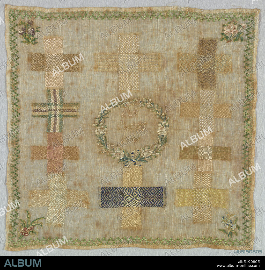 Sampler, Miss Charlotte Louise Rasche, Medium: silk embroidery on linen foundation Technique: embroidered in darning stitches, In the center, C.G.C.L.R 1821 and a floral wreath, surrounded by darning crosses in stitches useful in mending damask. Narrow border with floral sprays in the corners., Germany, 1821, embroidery & stitching, Sampler.