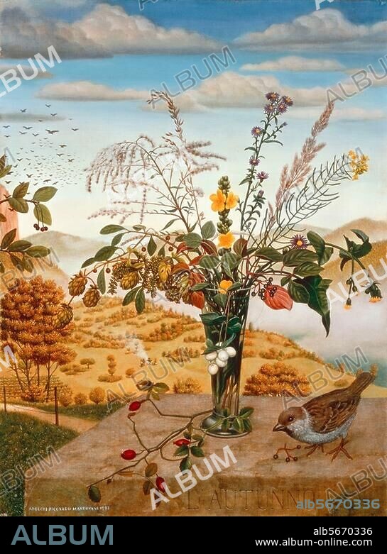 ADELCHI-RICCARDO MANTOVANI. Mantovani, Adelchi-Riccardo born 1942 in Ro, working in Berlin since. 1964. "Der Herbst" (Autumn), 1983. Mixed media on masonite, 40 × 30 cm. Privately owned.
