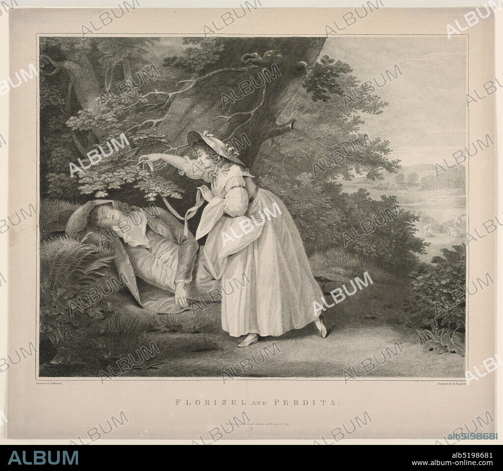 Florizel and Perdita, H. Mitchell, G. Singleton, English, Stipple engraving on paper, Florizel is discovered by Perdita asleep under a tree. Other figures gather wehat in the distance., England, 1809, Print, Print.