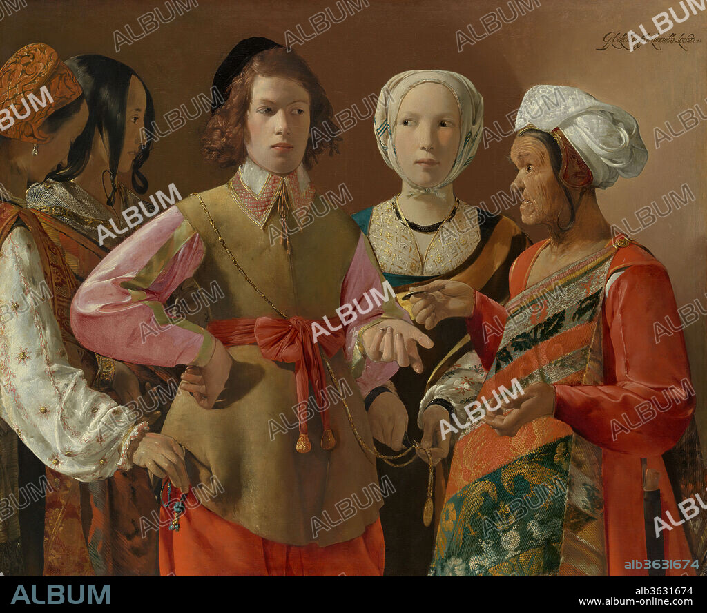 The Fortune-Teller. Artist: Georges de La Tour (French, Vic-sur-Seille 1593-1653 Lunéville). Dimensions: 40 1/8 x 48 5/8 in. (101.9 x 123.5 cm). Date: probably 1630s.
While an old gypsy crone tells his fortune, a naive youth is robbed by her accomplices, a subject popular among Caravaggesque painters throughout Europe in the seventeenth century. La Tour's painting can be interpreted as a genre or theatrical scene, or as an allusion to the parable of the prodigal son. The inscription on the painting includes the name of the town where La Tour lived, Lunéville in Lorraine.