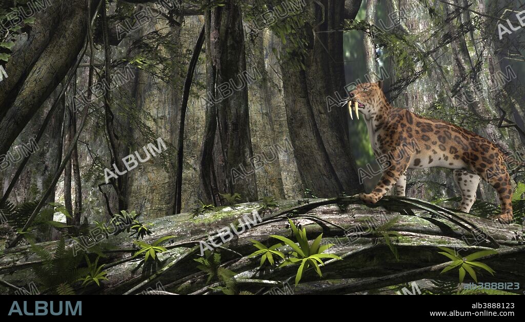 Saber-Toothed Tiger in a prehistoric forest.