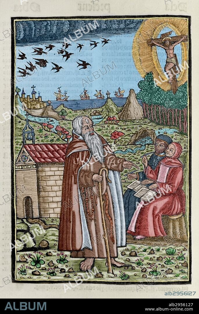 LITERATURA CATALANA SIGLOS XIII Y XIV. LLULL, Ramon (Palma de Mallorca, 1233/35-Bujía, 1315/16). Filósofo, místico y literato mallorquín. "BLANQUERNA". Grabado de Ramón Llull predicando o hablando con dos personas o discípulos.