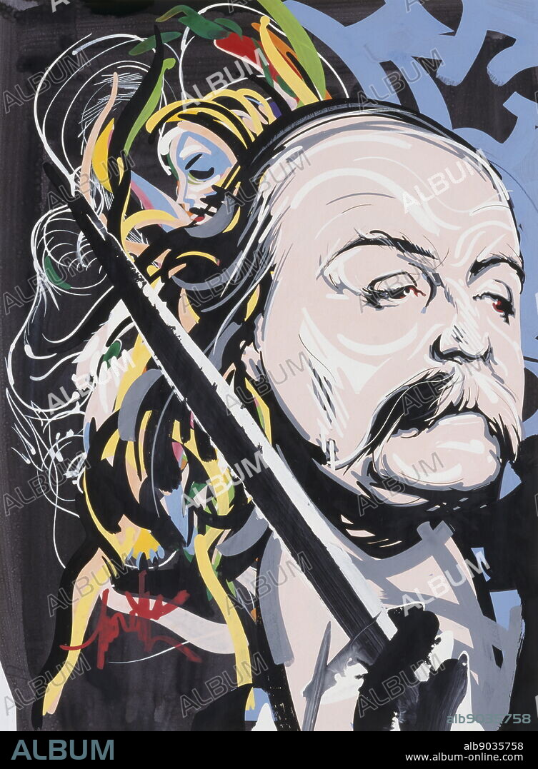 Gustave Flaubert (1821 - 1880); French novelist; considered the leading exponent of literary realism. 1998 Portrait on a poster by Raymond Moretti (1931-2005), a French painter and sculptor.