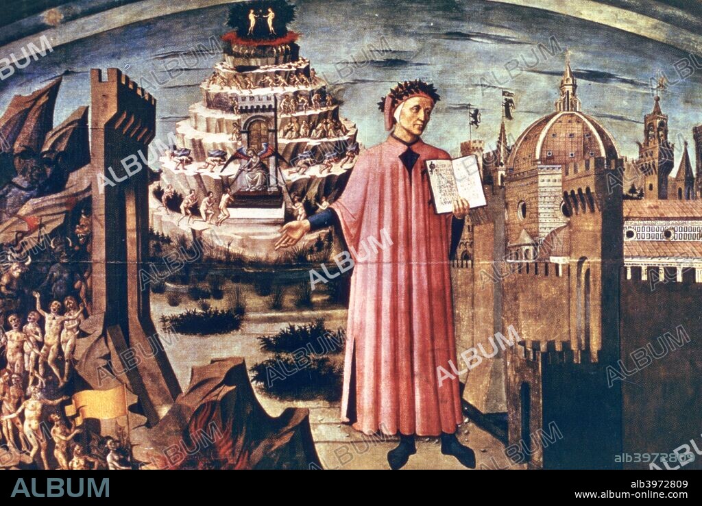 Dante and his Poem the 'Divine Comedy', 1465. Found in the collection of the Duomo, Florence, Italy.