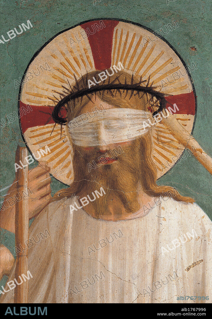 Christ Mocked, by Guido di Pietro (Piero) known as Beato Angelico, 1438-1446 about, 15th Century, fresco, cm 188 x 164. Italy, Tuscany, Florence, San Marco Convent, cell 7. Detail. Face Christ blindfolded scourge crown of thorns aureole mocking passion. Authorization required for non editorial use.
