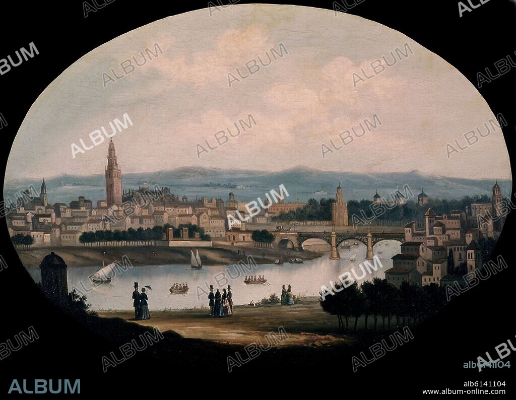 VISTA DE SEVILLA CON EL PUENTE DE TRIANA - SIGLO XIX.