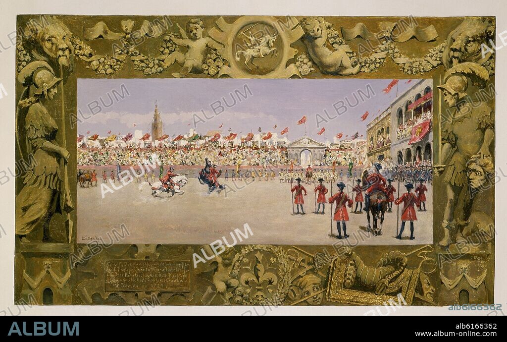 ANDRES PARLADE Y HEREDIA 1859-1933 CONDE DE AGUIAR. ALBUM DE LA REAL MAESTRANZA DE SEVILLA - CAÑAS REALES EN 1729 - FELIPE V E ISABEL DE FARNESIO - PINTADO EN 1907.