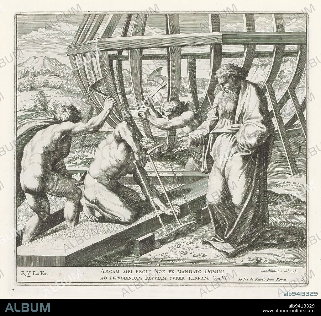Noah builds the ark, Raphael Bible (series title), Paintings in Raphael's Loggia (series title), Imagines Veteris ac Novi Testamenti (series title), Noah and his three sons build the ark. Bible verse below the image. Print is part of an album., print maker: Cesare Fantetti, (mentioned on object), after drawing by: Cesare Fantetti, (mentioned on object), after painting by: Rafaël, (mentioned on object), print maker: Italy, after drawing by: Italy, after painting by: Vaticaanstad, publisher: Rome, Vaticaanstad, 1675, paper, etching, height 238 mm × width 257 mm.