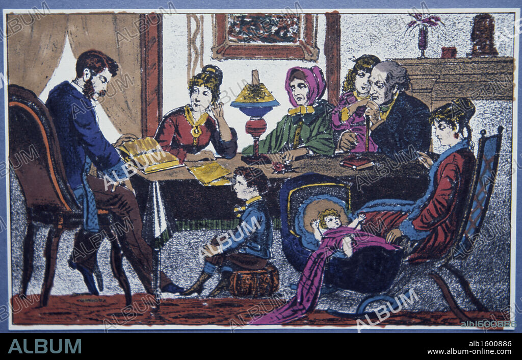 Victorian father reading to his family by Artist Unknown.