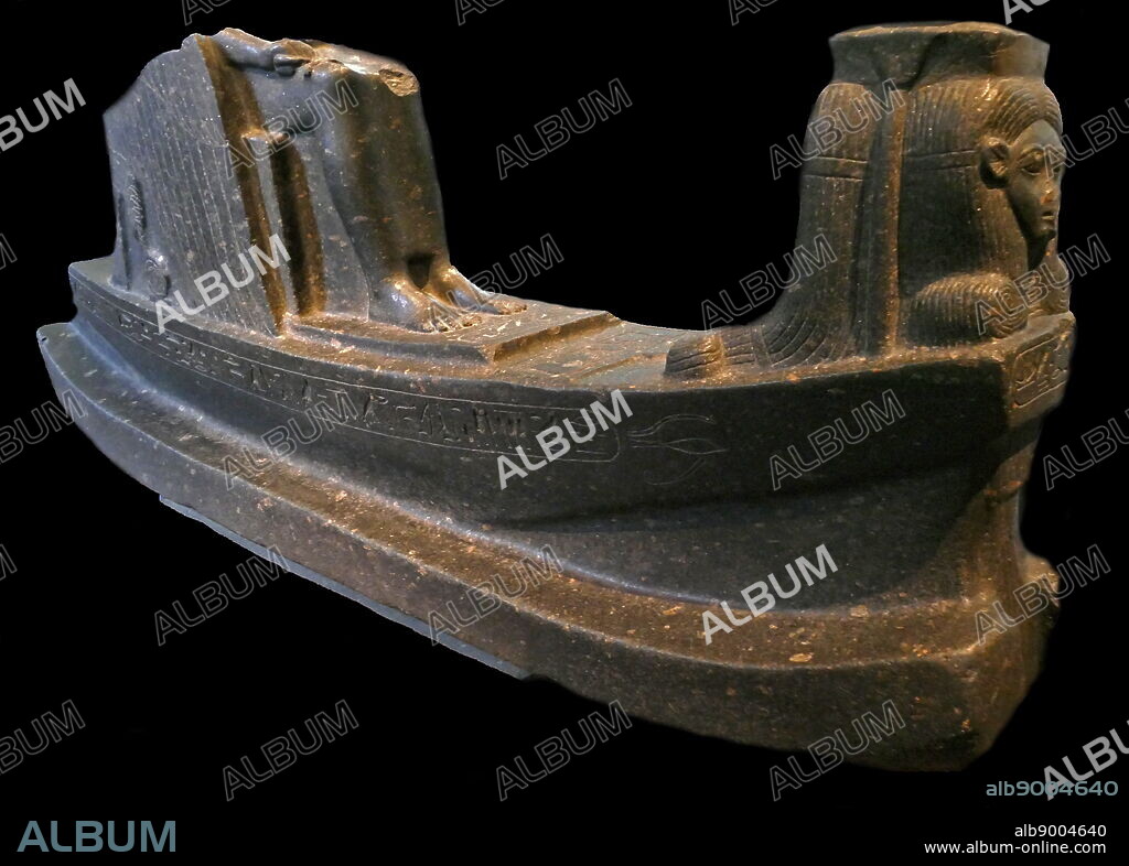 Statue of a sacred boat dedicated to Mutemwiya - circa 1400 BC, black granite from the Temple of Karnak, Egypt. Mutemwiya was a minor wife of Thutmose IV, a pharaoh of Egypt, in the Eighteenth Dynasty and the mother of Pharaoh Amenhotep III.