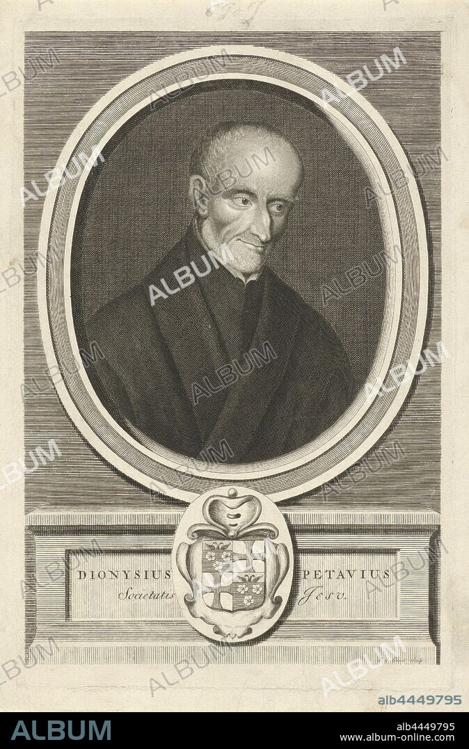 Portrait of Denis Pétau, Denis Pétau, a French Jesuit, theologian and historian. Below the portrait are coat of arms, Pieter van Gunst (mentioned on object), Amsterdam, 1659 - 1731, paper, engraving, h 300 mm × w 197 mm.