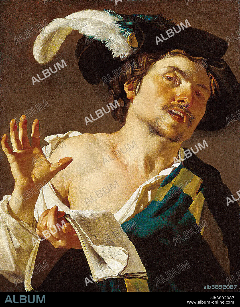 DIRCK VAN BABUREN. Young Man Singing. Date/Period: 1622. Width: 58.8 cm. Height: 71 cm (Complete).