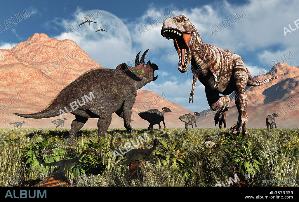 Prehistoric battle between a Triceratops and Tyrannosaurus Rex. A herd of duckbill dinosaurs flee in the background.