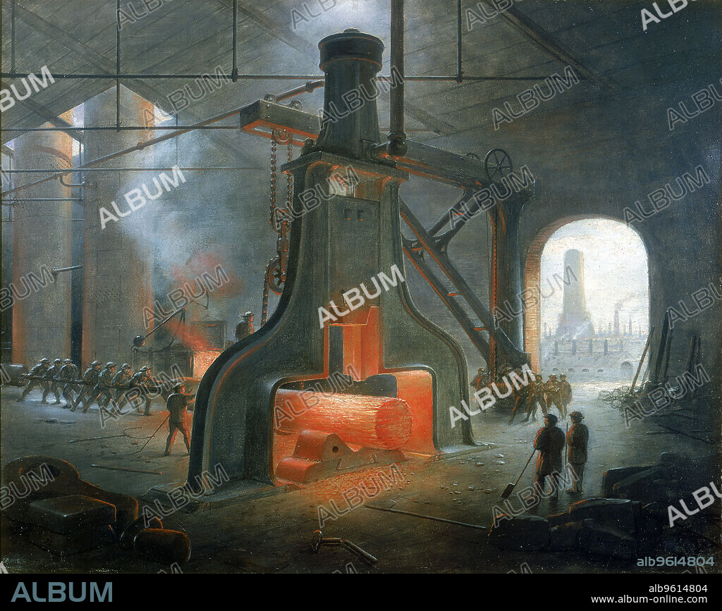 James Nasmyth's steam hammer erected in his foundry near Manchester in 1832. The steam hammer was invented by the Scottish engineer and inventor James Nasmyth (1808-1890). It took the human effort out of the process of forging wrought iron and steel to form engine and machine parts, as well as substantially reducing production costs.