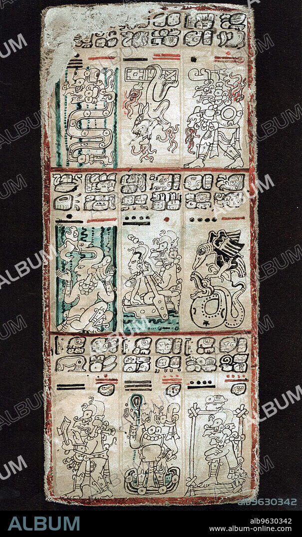 Page from the Dresden Codex, Maya manuscript. Chromolithograph of a page showing a section of a 'tonalamatl', a sacred season of 260 days. The god Quetalcoatl is depicted several times, including ferrying a woman (centre) and with an axe (bottom left). The original manuscript was probably produced in the first half of the 13th century, and contains tables predicting astronomical occurrences with great accuracy. It was sent to Europe after the Spanish conquest of Central America, and is today one of only four Mayan codices known to have survived.