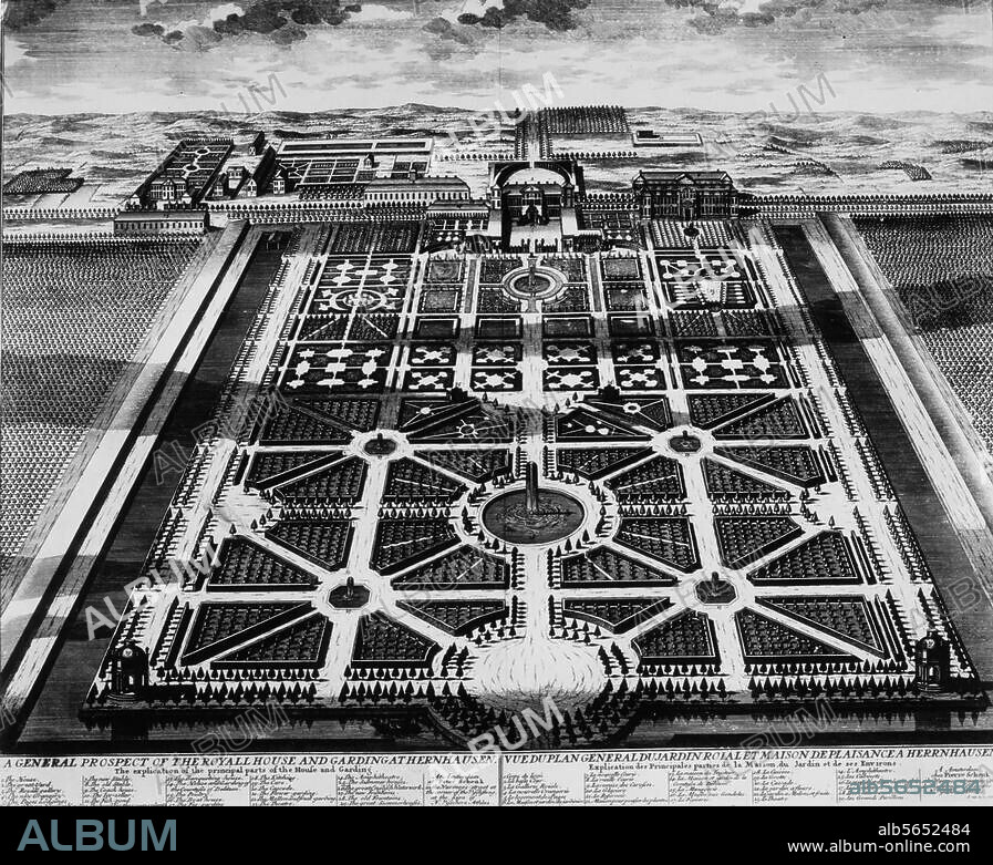 Hannover (Niedersachsen), Schloß Herrenhausen. (erbaut im 1666-1714, Umbau 1820-66 durch Georg Ludwig Friedrich Laves). Ansicht des Schlosses und des Großen Gartens (ab 1666 angelegt). Kupferstich von Joost van Sasse (tätig um 1716/36) nach J. J. Müller.