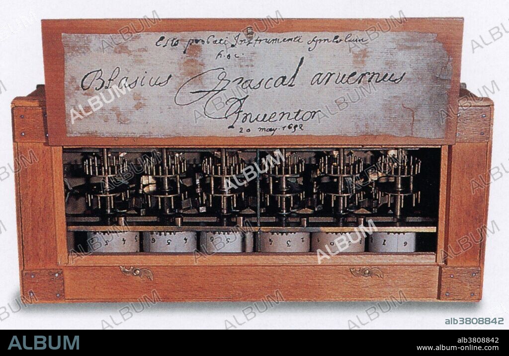 Showing the inside of a Pascaline mechanical calculator invented by Blaise Pascal in 1642. The wheels are numbered from 0-10 and correspond to units, tens, hundreds, thousands, tens of thousands, and hundreds of thousands. Blaise Pascal (June 19, 1623 - August 19, 1662) was a French mathematician, physicist, inventor, philosopher and child prodigy. He made important contributions to the study of fluids, and clarified the concepts of pressure and vacuum. While still a teenager, he started some pioneering work on calculating machines, and after three years of effort he invented the mechanical calculator. He wrote a significant treatise on the subject of projective geometry at the age of 16, and later corresponded with Pierre de Fermat on probability theory, strongly influencing the development of modern economics and social science. His TraitÃ© du triangle arithmÃ©tique (Treatise on the Arithmetical Triangle) of 1653 described a convenient tabular presentation for binomial coefficients, now called Pascal's triangle. Always poor in helath he died in 1662 two months after his 39th birthday. An autopsy revealed grave problems with his stomach and other organs of his abdomen, along with damage to his brain.