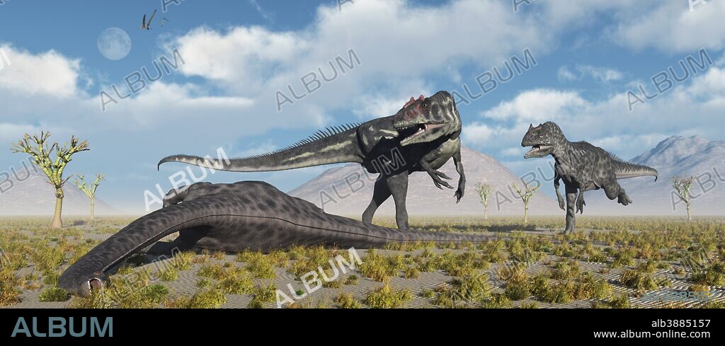 Carnivorous Allosaurus dinosaurs approaching the carcass of a dead Diplodocus sauropod dinosaur.