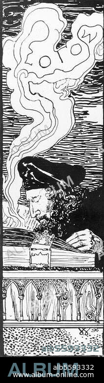 Goethe, Johann Wolfgang von. 1749-1832. Werke: Faust (1808). "Logos" (Faust in der Studierstube). Illustration, 1897, von Sascha Schneider. (geb. 1870). Aus der illustrierten Faust-Ausgabe. 1897.