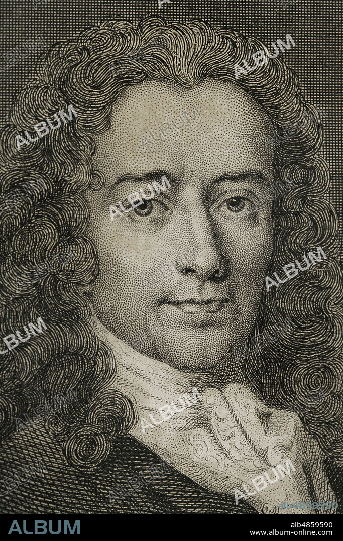 Voltaire (François Marie Arouet) (1694-1778). Escritor francés, uno de los grandes pensadores de la Ilustración. Retrato. Grabado. Detalle. Historia de las persecuciones políticas y religiosas en Europa. Tomo IV. Editado en Barcelona, 1865.