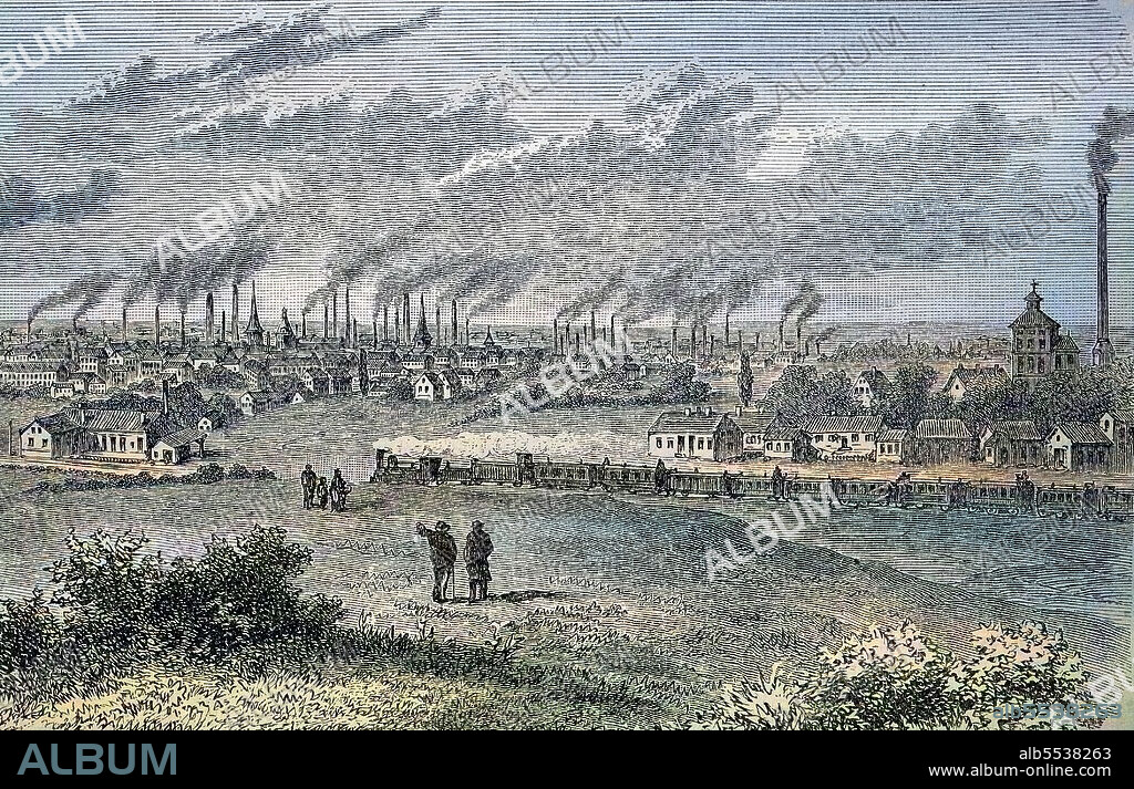 View of the city of Essen, Ruhr area, North Rhine-Westphalia, Germany, in 1881.