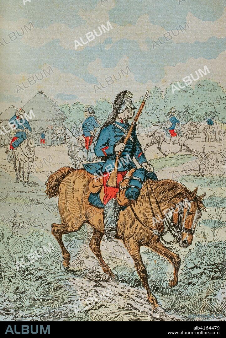 Ejército francés. Dragones. Soldados que combatían como caballería e infantería. Activos entre mediados del siglo XVI hasta principios del XIX. Dragones durante un servicio de reconomimiento.... "Salid y abrid los ojos". S. XIX. Ilustración a color de la "Armeé Française, Nos Soldats" (Ejército Francés, Nuestros Soldados). Autor, Eugene Hennebert (1826-1896). París, h. 1890. Ilustraciones por Hussenot y Pallandre. Biblioteca Histórico Militar de Barcelona, Cataluña, España.