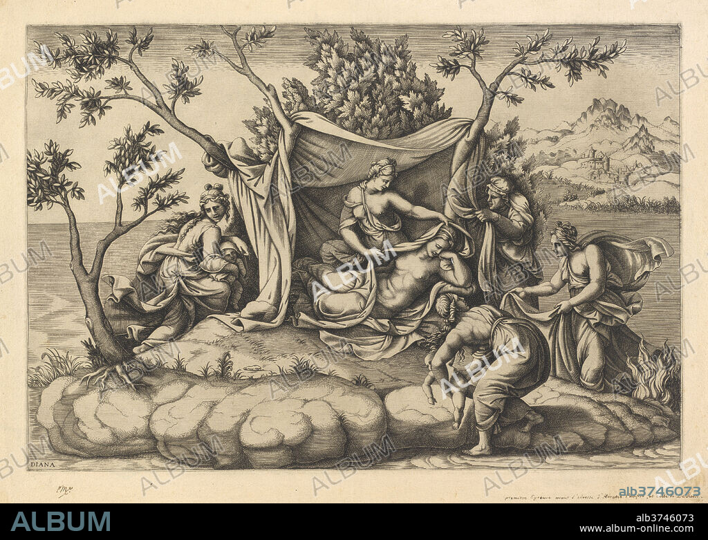 DIANA SCULTORI AFTER GIULIO ROMANO. Latona Giving Birth to Apollo and Diana on the Island of Delos. Medium: engraving.