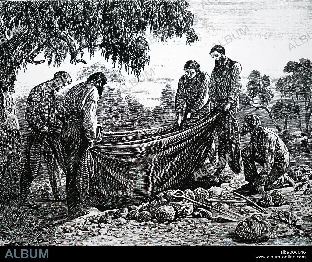 Burke and Wills Expedition 1860-61 under AW Howitt. Burying the body of Wills in Cooper's Creek in 1861. London, c1880.