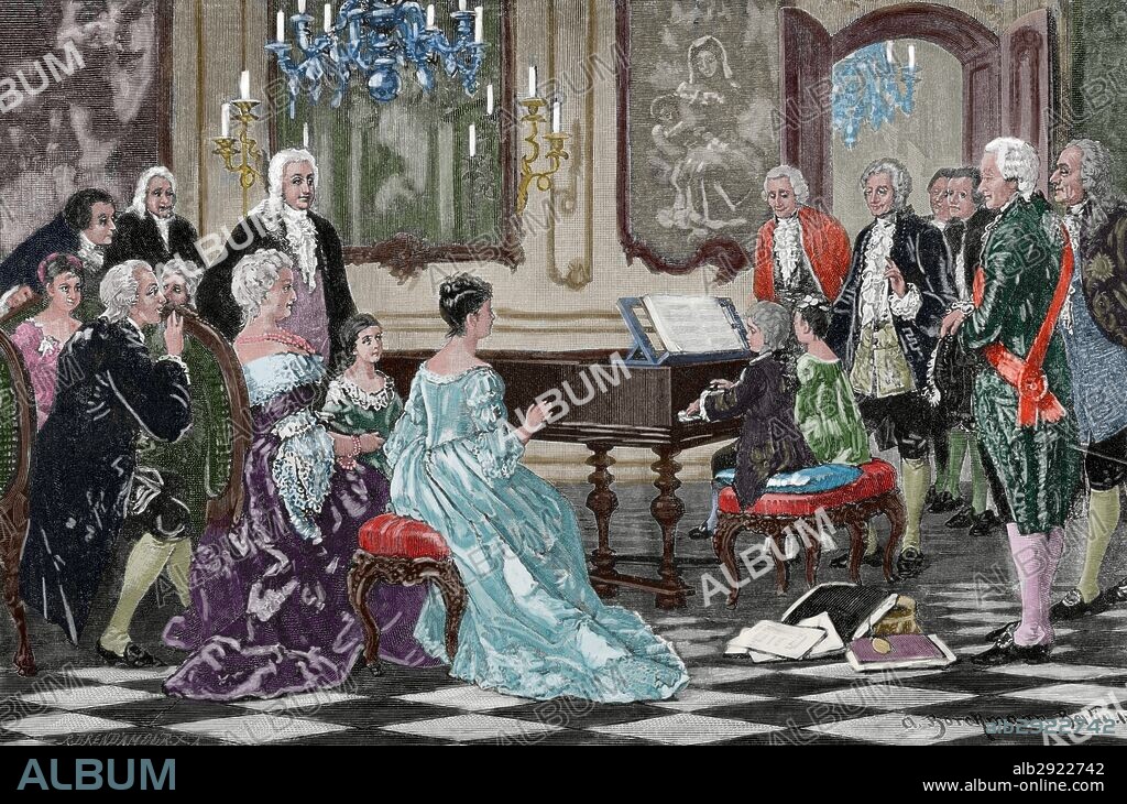 Mozart family grand Tour. Maria Anna (Nannerl) and Wolfgang Amadeus playing  before the Empress Maria Theresa (1717-1780) at the Imperial Court. Vienna, 1762. Engraving by R. Brend'Amour. Colored.