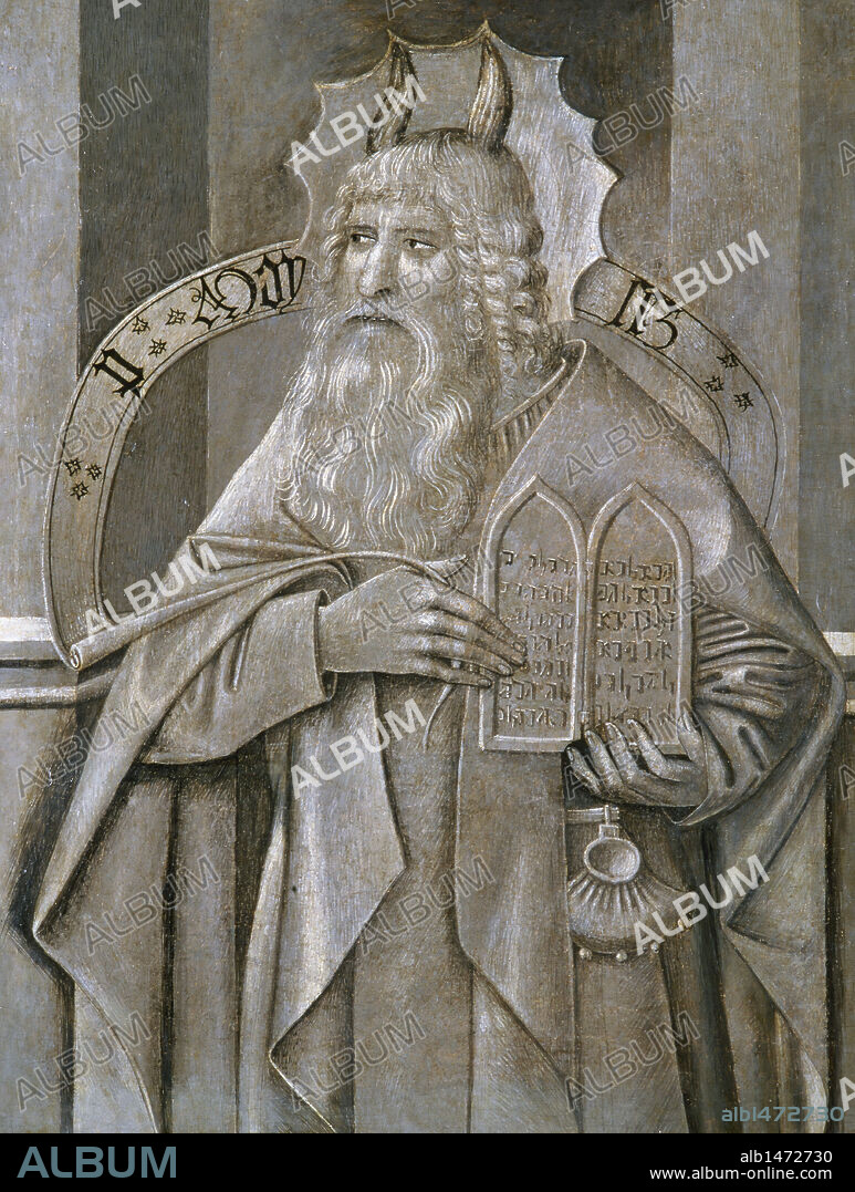 ARTE GOTICO. ESPAÑA. JAUME HUGUET (1414-1492). MOISES (1455). Pintura al temple sobre madera. Procede de la Iglesia de Santa Maria de Ripoll. Museo Episcopal de Vic. Provincia de Barcelona. Cataluña.