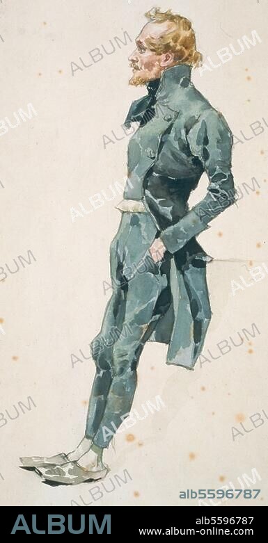 ADOLF HOHENSTEIN. Puccini, Giacomo; Italian composer; 1858. - 1924. Works: La Bohème (opera; libr.: Giuseppe Giacosa and Luigi Illica; UA 1896). Figurine of Rodolfo in the 1st and 2nd act. Water colour by Rodolf Hohenstein (1854-1917). Milan, Casa Ricordi.