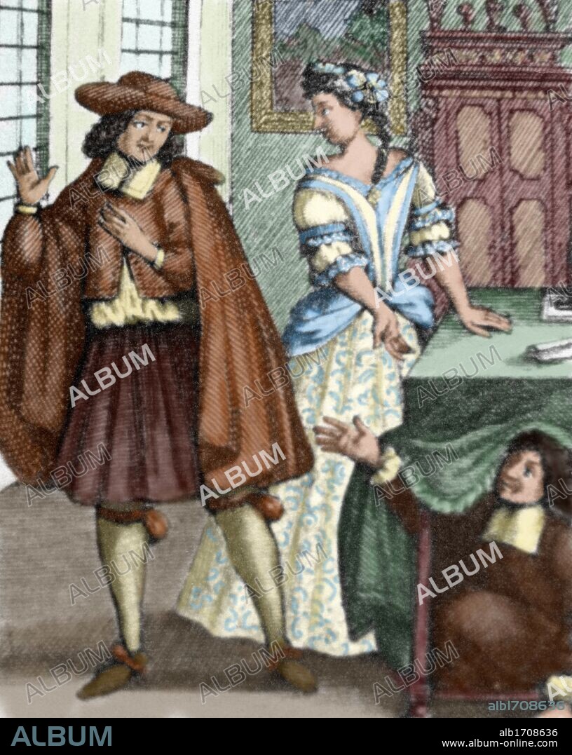 MOLIERE, Jean Baptiste Poquelin, llamado (París, 1622-París, 1673). Dramaturgo y actor francés. "PRIMERA REPRESENTACION DE LA OBRA EL TARTUFO" (Agosto de 1667). Grabado coloreado.