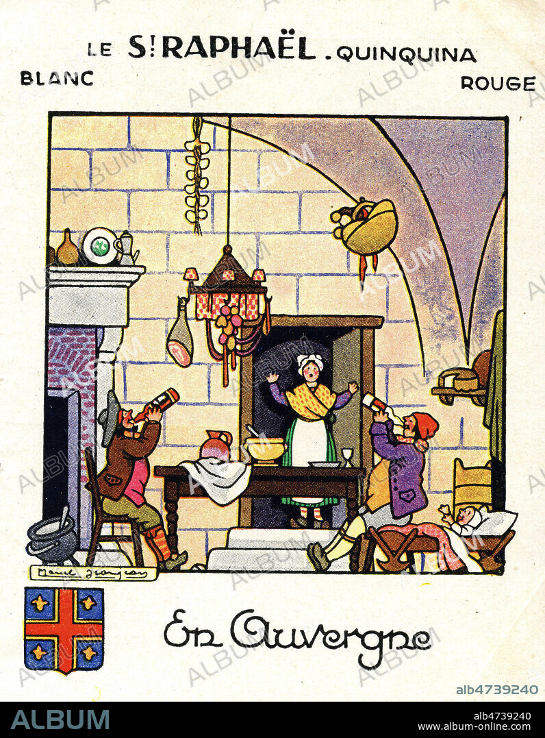 'Le St Raphael quinquina en Auvergne'. Brochure publicitaire pour la quinquina Saint Raphael de 1926. Illustration de Marcel JEANJEAN (1893-1973 = ADAGP). Credit : IM/KHARBINE-TAPABOR.