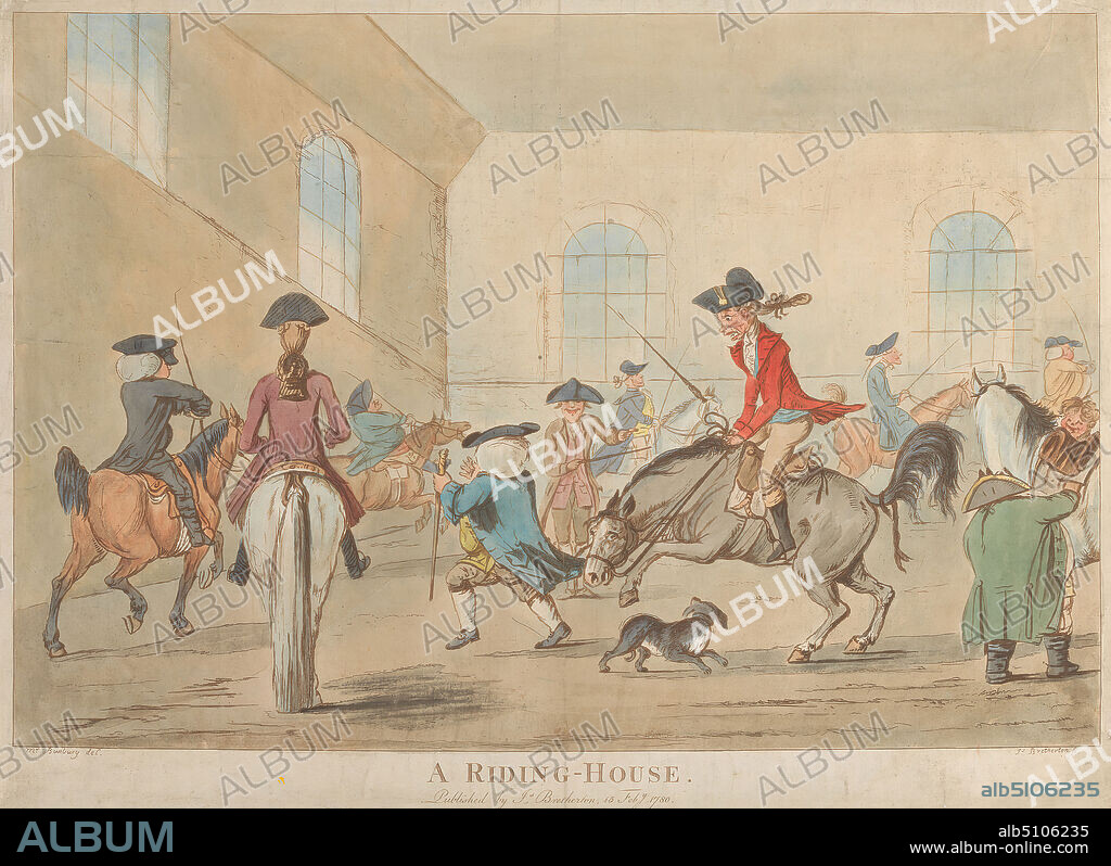 A Riding-House, Print made by James Bretherton, ca. 17301806, British, after Henry William Bunbury, 17501811, British, 1780, Hand colored etching, Sheet: 14 3/8 x 21 1/4in. (36.5 x 54cm).