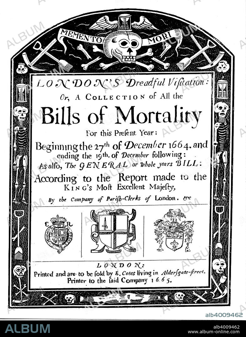 Bills of mortality bill for London, covering part of the period of the Great Plague, 1664-1665. John Graunt (1620-1674) based his statistical analysis on these weekly and yearly tables.