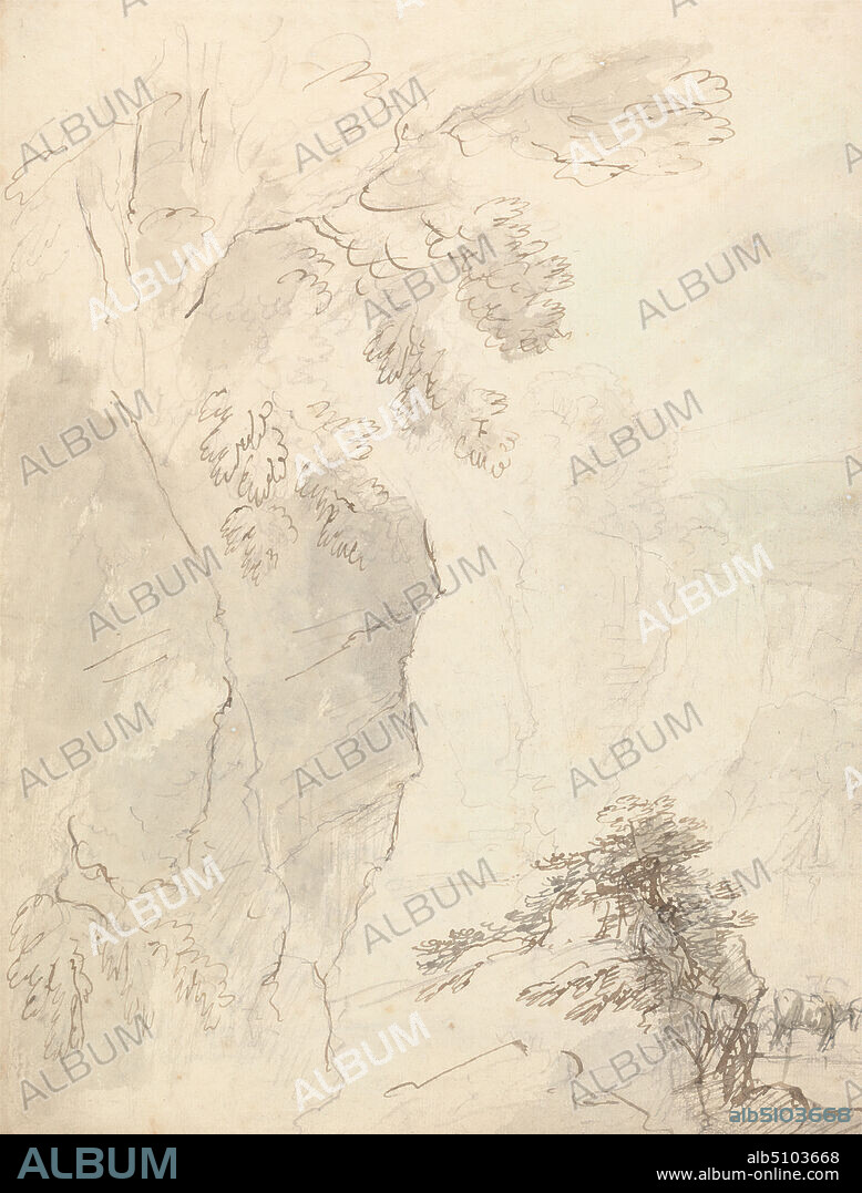 Landscape with Gorge and Cattle, Henry Richard Greville third Earl of Warwick, 17791853, British, undated, Gray wash with pen and brown ink over graphite; verso: pen and gray ink over graphite on medium, slightly textured, cream laid paper, Sheet: 12 3/4 x 9 7/8in. (32.4 x 25.1cm) and Sheet: 13 × 9 7/8 inches (33 × 25.1 cm), cattle, cliff, gorges, landscape.