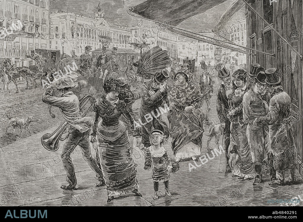 PLANELLAS and 19TH CENTURY SPANISH ILLUSTRATOR. ENRIQUE ALBA (1848-1920). SPANISH ENGRAVER.. History of Spain, 19th century. Madrid. "Puerta del Sol" (Gate of the Sun). People walking surprised by the wind. Illustration by Planellas. Engraving by E. Alba. La Ilustración Española y Americana, 1878.